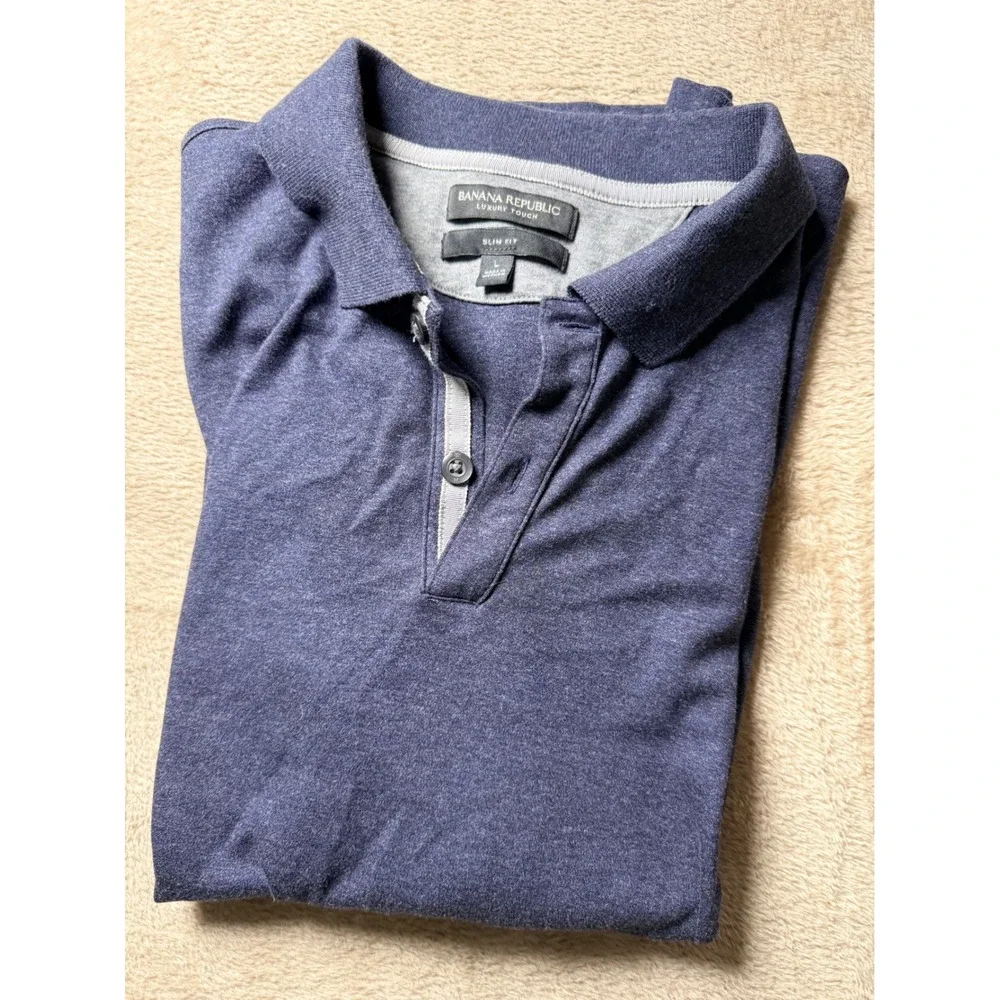Banana Republic Luxury Touch Slim Fit Polo Shirt Mens Large Navy Blue Heather